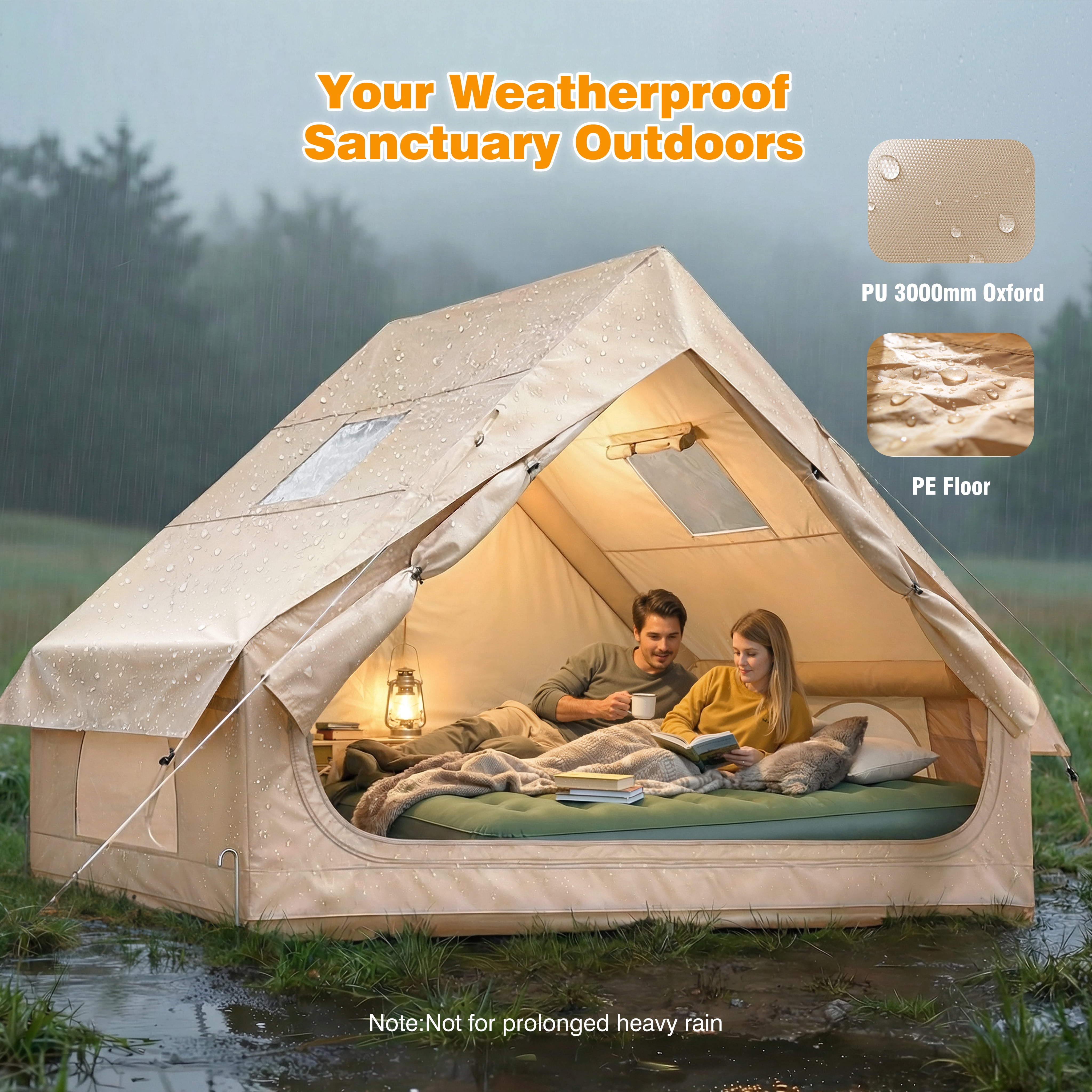 Qunler 4-6 Person Inflatable Tent with Pump, Large Waterproof Air Tent for Camping, Easy Setup in 5 Mins, Windproof Cabin Shelter, Beige