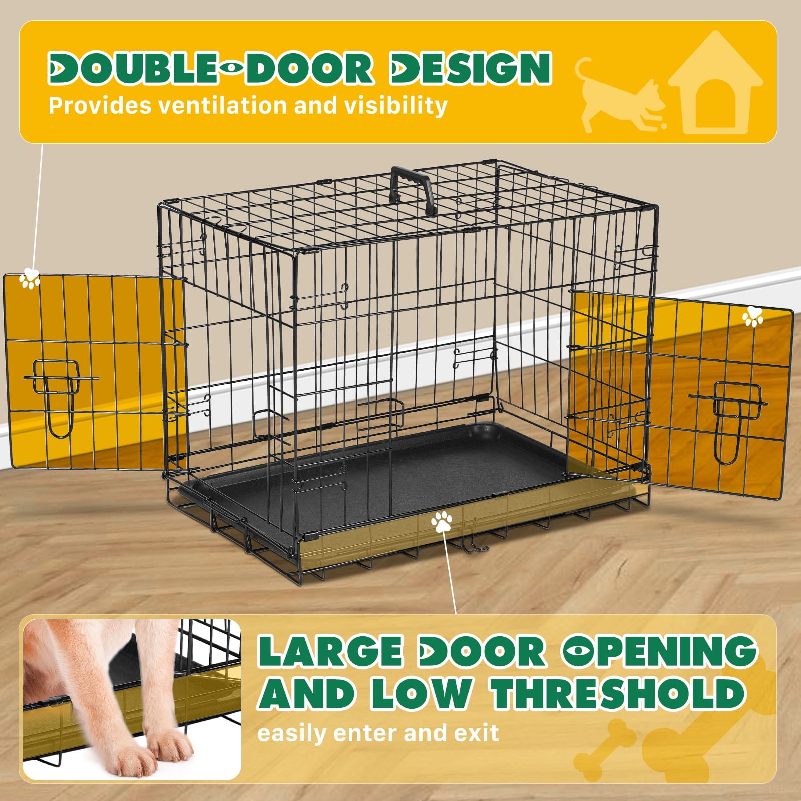 Dog Crate with Divider Panel, 36 Inch Double Door Folding Metal Wire Dog Cage with Plastic Leak-Proof Pan Tray, Pet Kennel for Indoor
