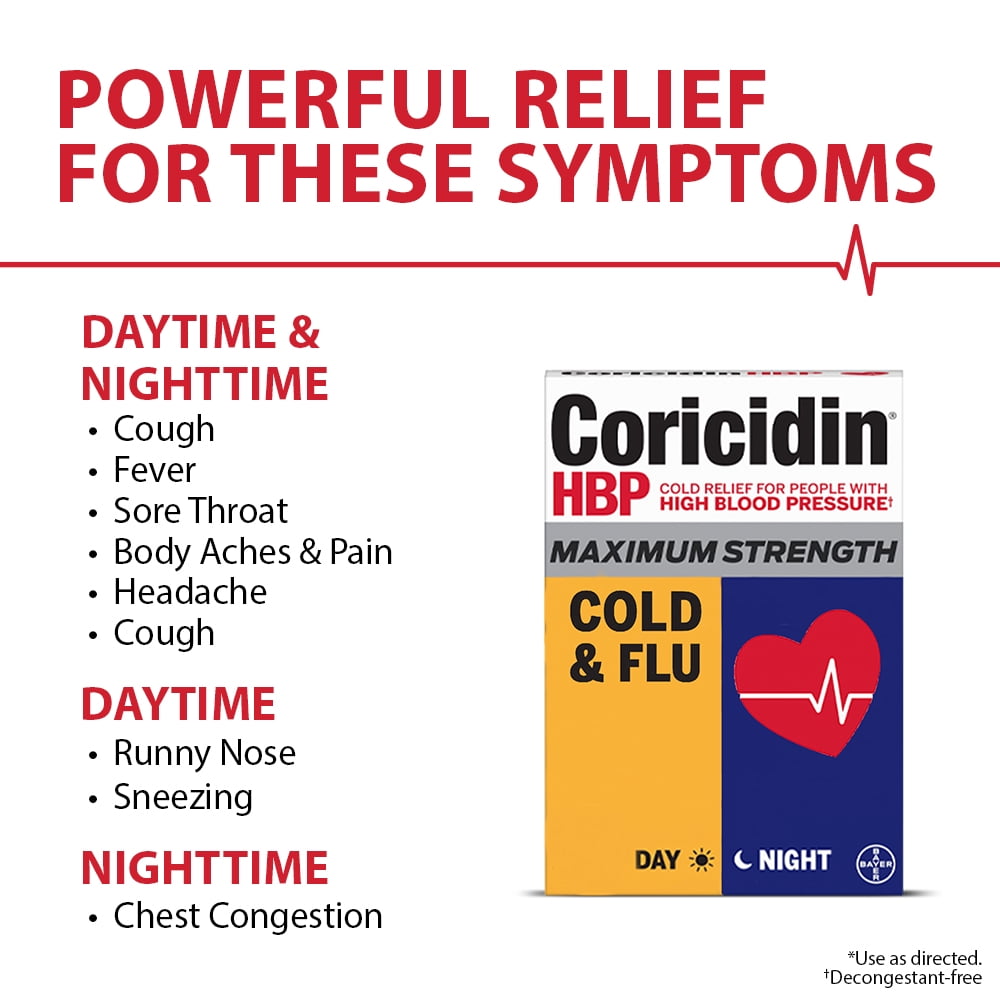 Coricidin HBP Maximum Strength Cold & Flu Medicine, Day+Night, Liquid Gels, 24 Count