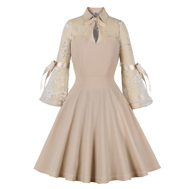 Vestido de fiesta de noche con bola Rockabilly vintage de manga larga de malla para mujer-e
