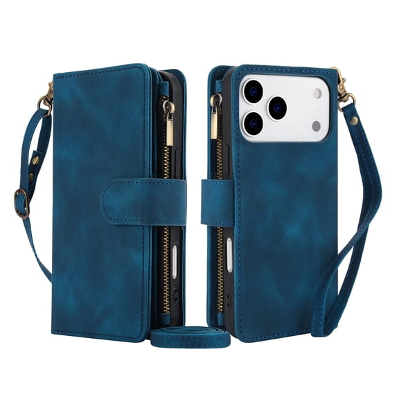 Kryonix For iPhone 17 Pro Max Wallet Case with Card Slots Cash Pocket, PU Leather with Adjustable Crossbody Strap & Wrist Strap, Auto-Magnet Closure, Shockproof & RFID Blocking