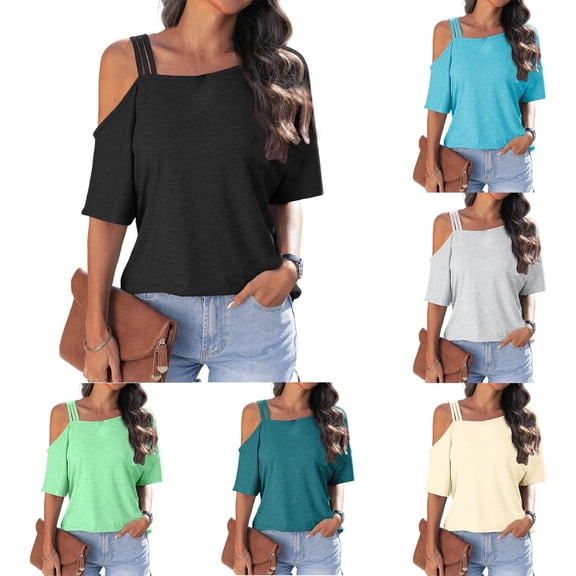 Conairie Women Cold Shoulder Tops Loose Solid Short Sleeve T-Shirt Breathable Beach Vacation Clothes Summer 2026 Black L