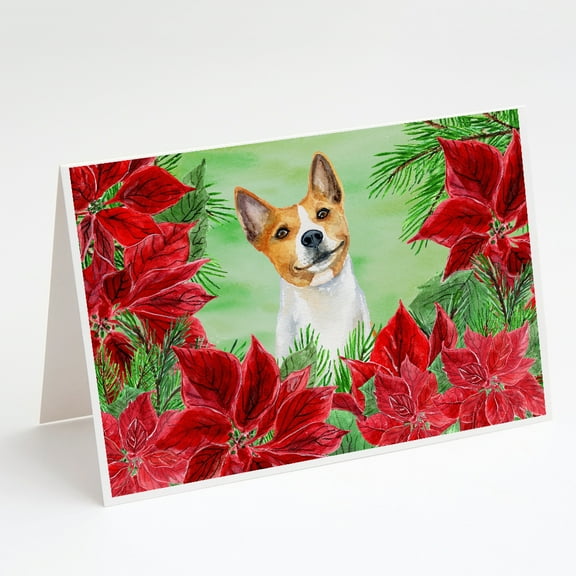 Caroline's Treasures Basenji Poinsettas Christmas Greeting Cards with Envelopes, 5" x 7" (8 Count)