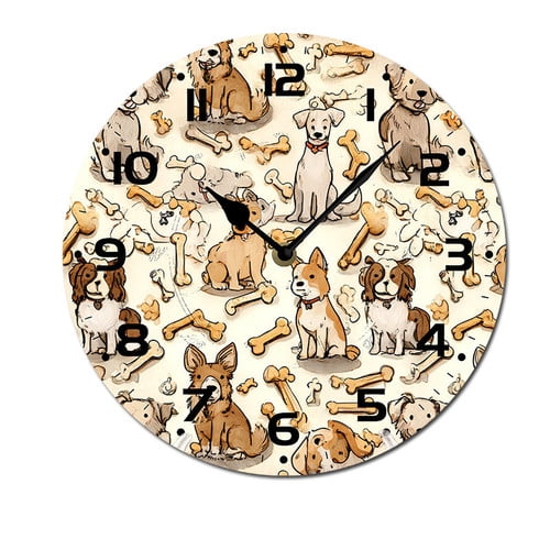 ZXCXRQFa Cartoon Dogs With Bone Wood Wall Clock Silent Non-Ticking Kitchen Desk Clock Battery Operated Analog Decorative Round Clocks 10 in Garden Home Decor