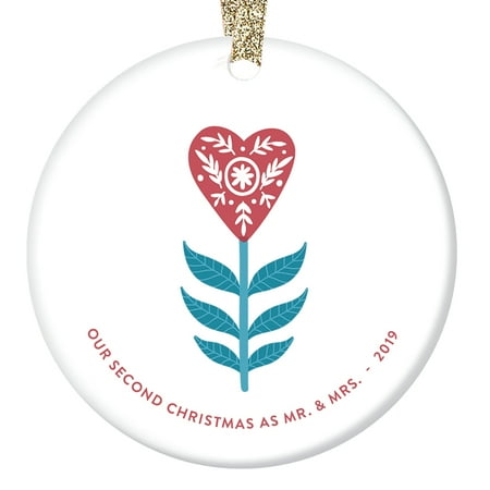 Gift Ideas Married Couple 2nd Christmas as Mr & Mrs Ornament 2019 Two 2 Years Married Anniversary Keepsake Gift Idea Husband Wife Him Her Couple Present Primitive Heart Rustic Glossy 3” Flat Circle Gold Ribbon OR00755-2 ()