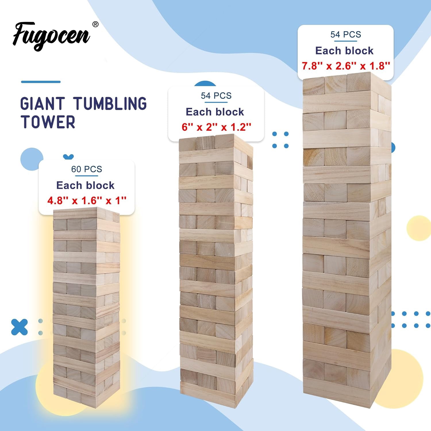 Fugocen Giant Tumble Tower Game, 60pcs Large Wooden Stacking Game Stack to Over 3.2 FT Gifts for Adult Kids