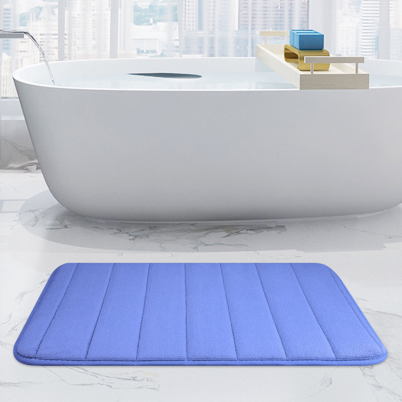 3 Piece Memory Foam Bath Mat Set with U-Shaped Toilet Mat Bathroom Rugs Soft Comfortable Water Absorption Bath Carpet Non-Slip Thick Machine Washable for Kitchen/Living Room(Blue)