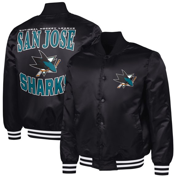 Men's G-III Sports by Carl Banks Black San Jose Sharks Adaptive Bold Logo Satin Full-Snap Varsity Jacket