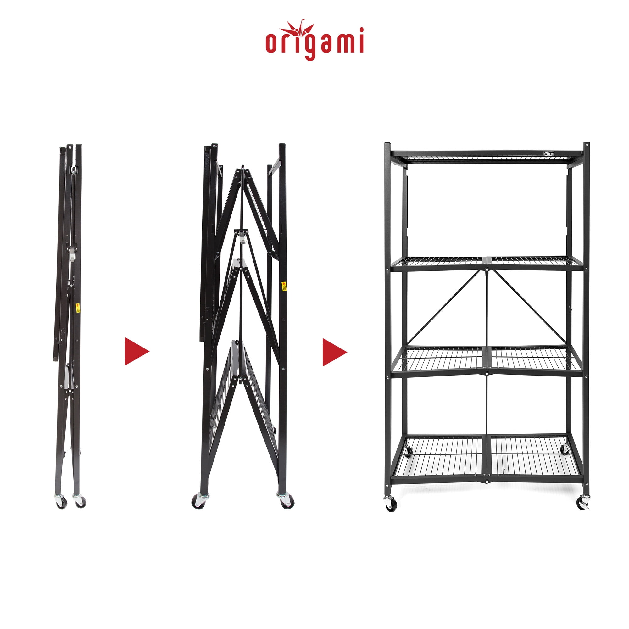Origami R5 4-Shelf Heavy-Duty Folding Metal Storage Rack Unit with Wheels, Black