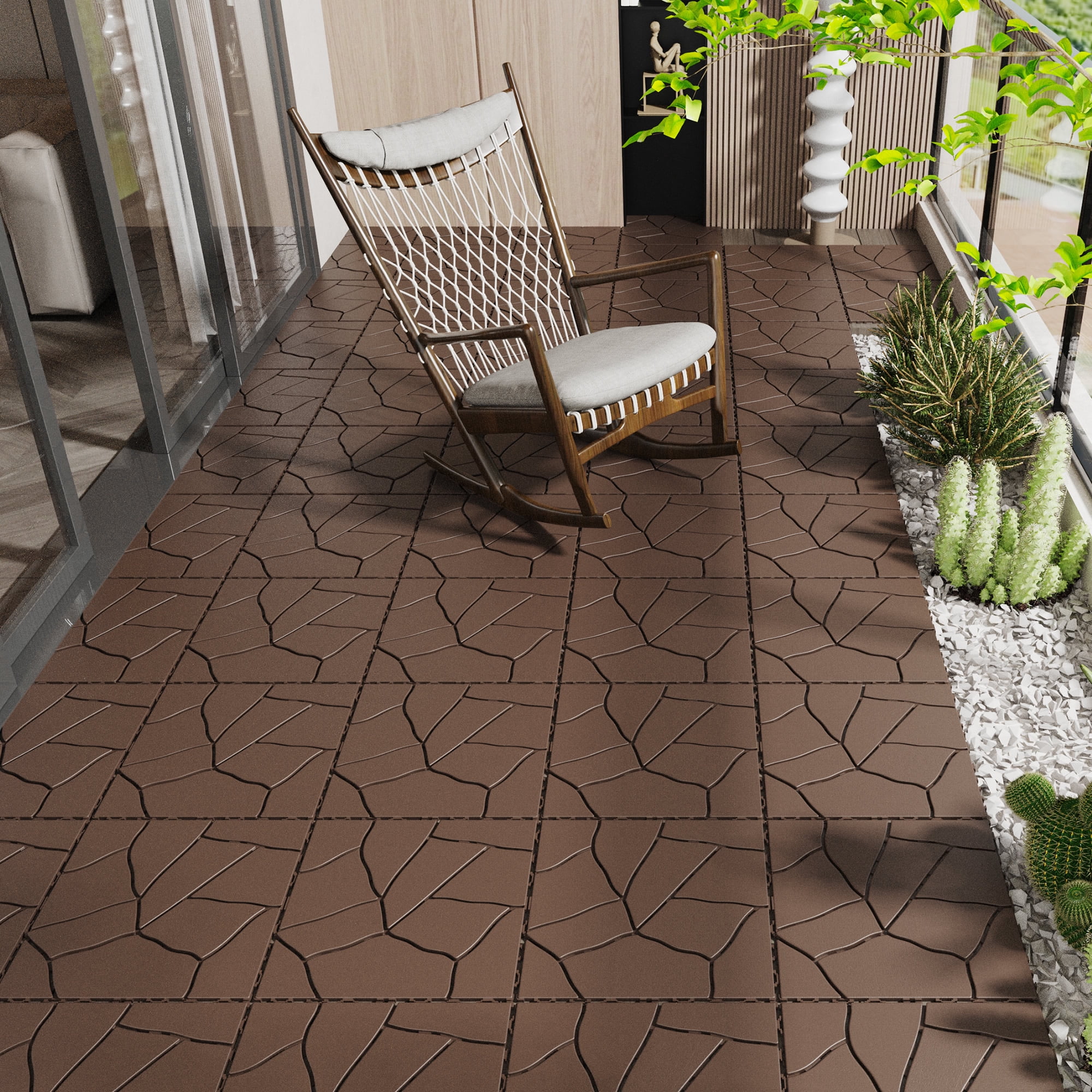 Interlocking Patio Deck Tiles 12x12 in, Stone Style DIY Flooring with Tool-Free Installation and Drainage Design, PP Material for Porch Poolside Backyard, Red Brown, 44pcs