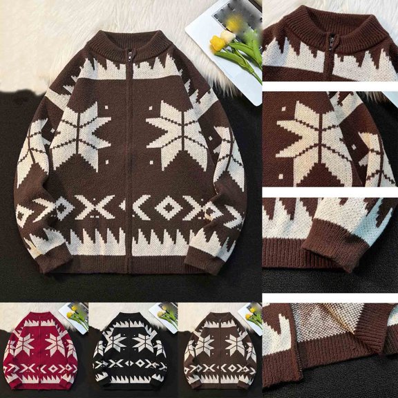Nmnitkp Mens Sweater Comfortable Knitted Sweater Casual Loose Elastic Cardigan Christmas Zipper Long Sleeve Stand-up Collar Sweater Brown,L