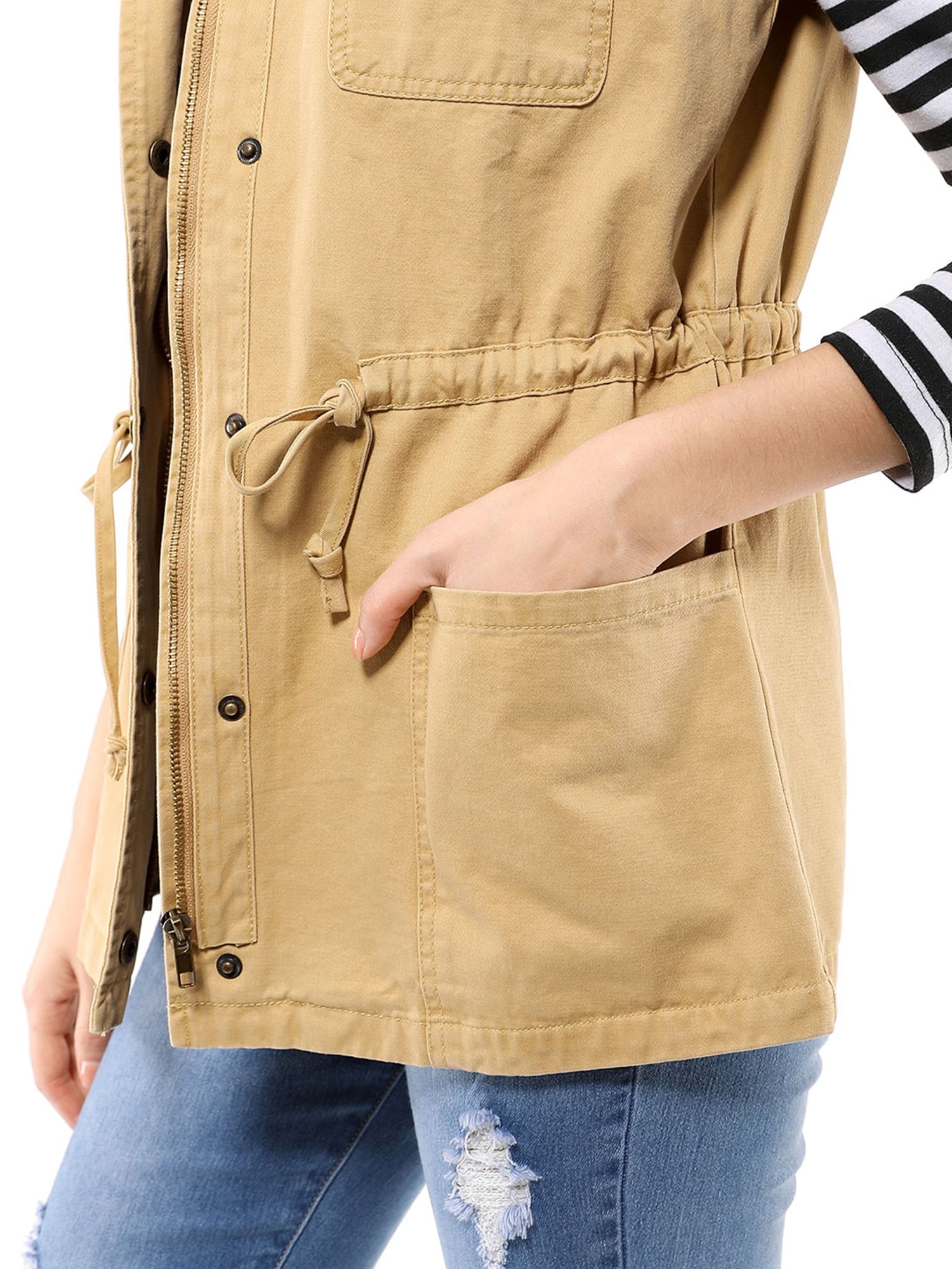 DARING DIVA Women Functional Pockets Drawstring Waist Cargo Vest M Khaki