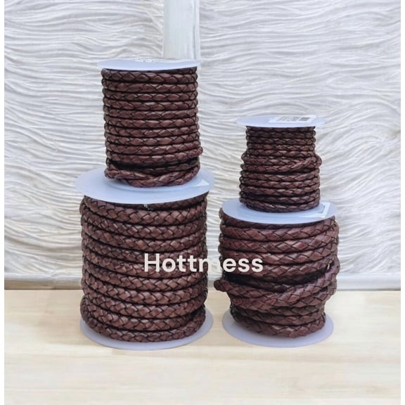 Hottmess Bolo Braided Antique Brown Leather Cord, 4 mm, 5 Yards