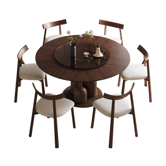 7pcs art dining set 59 inch Round Table Set with 6 Solid Wood Chairs & 35-inch Floating Glass Lazy Susan for Living Room & Restaurant