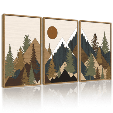 SHENIFY Set Sunrise Pine Tree Forest Nature Scenry Wilderness Landscape Mountain Wall Art 16x24in3pcs Natural Framed Farmhouse Rustic Modern Art Decorative for Living Room Bedroom