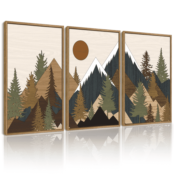 SHENIFY Set Sunrise Pine Tree Forest Nature Scenry Wilderness Landscape Mountain Wall Art 16x24in3pcs Natural Framed Farmhouse Rustic Modern Art Decorative for Living Room Bedroom