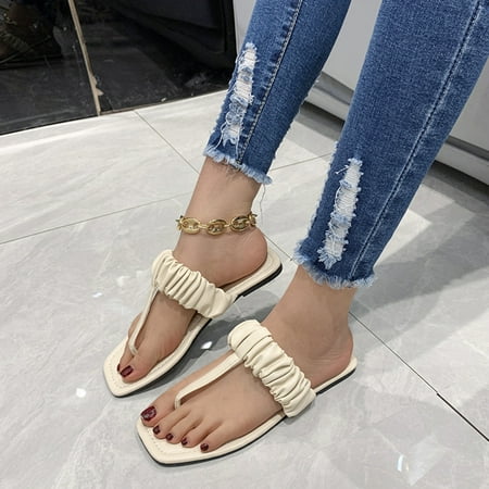 

〖Yilirongyumm〗 Beige 39 Sandals Women Fashion Leather Flat Wrinkled Pinch Shoes Ladies Color Sandals Solid Toe Women s Sandals