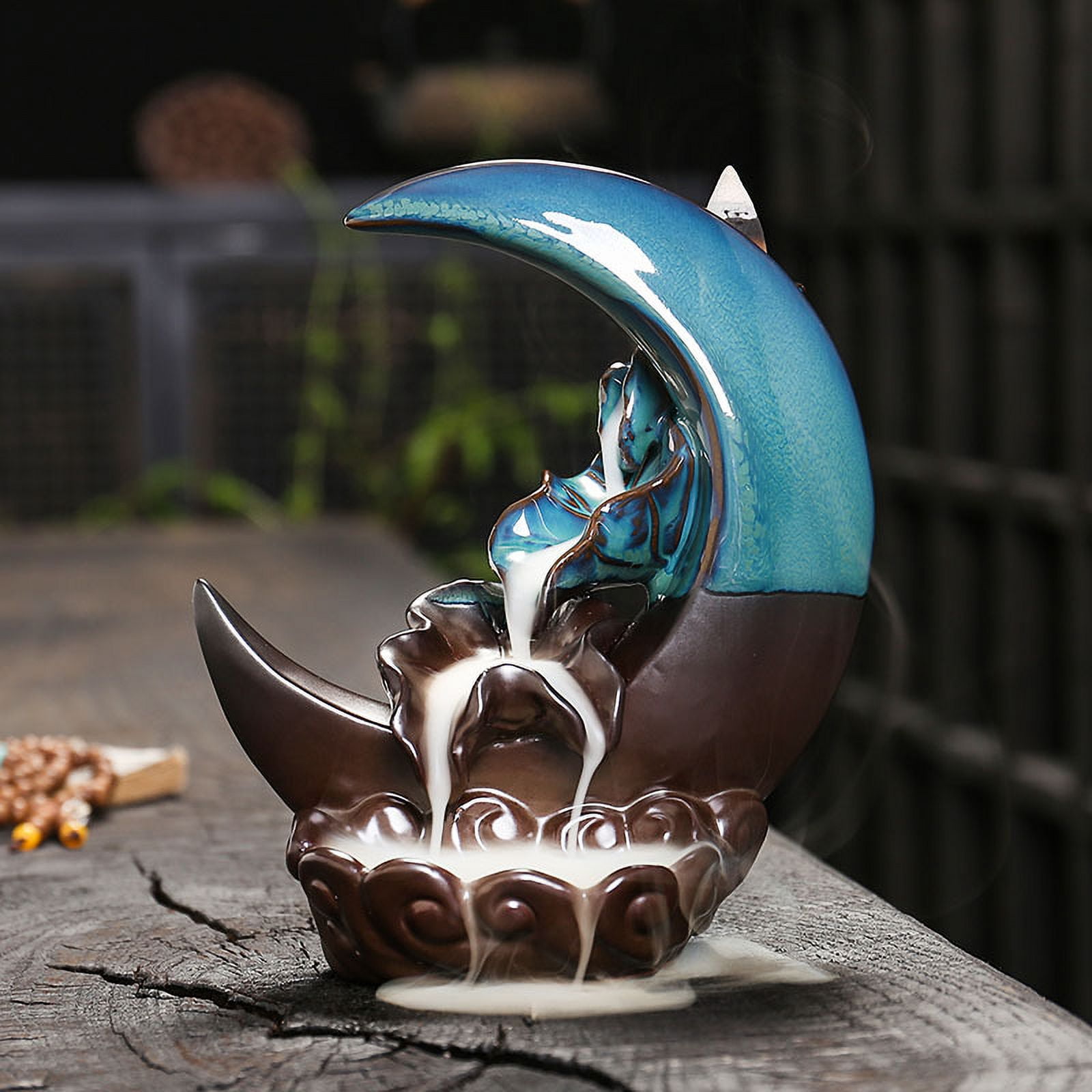 Handcrafted Backflow Incense Burner Smoke Waterfall Ceramic Moon-Shaped Incense Holder Creative Reflux Aroma Incense Holder Home Decor