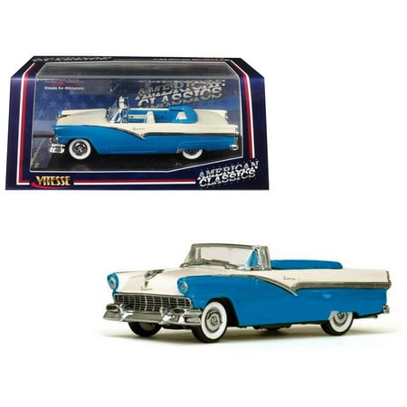 - 1956 Ford Fairlane Open Convertible Peacock Blue and Colonial White 1/43 Diecast Model Car by Vitesse