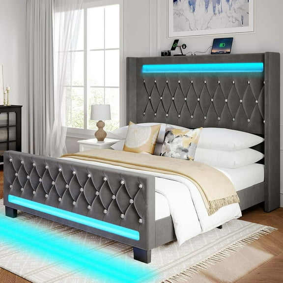 Full Bed Frame with LED Light and Charging Station, Upholstered High Headboard and Footboard, Wood Slats, Noise Free, Easy Assembly, Grey