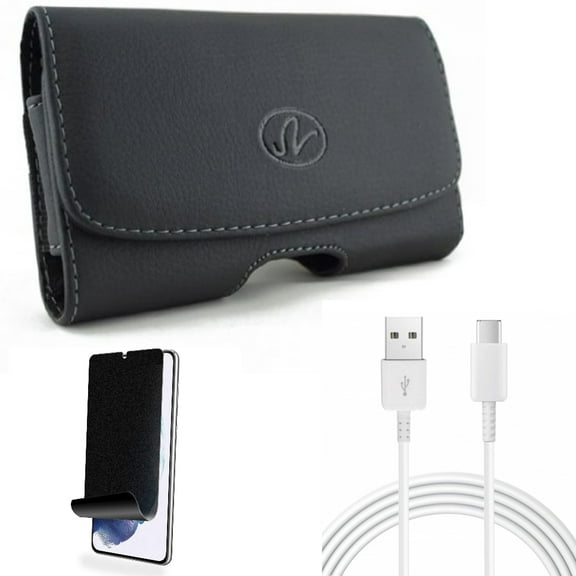 For Samsung Galaxy S21 (6.2") - Charger Cord Type-C 10ft USB-C Cable   Swivel Leather Case Belt Clip   [Fingerprint Works] TPU Film Privacy Screen Protector