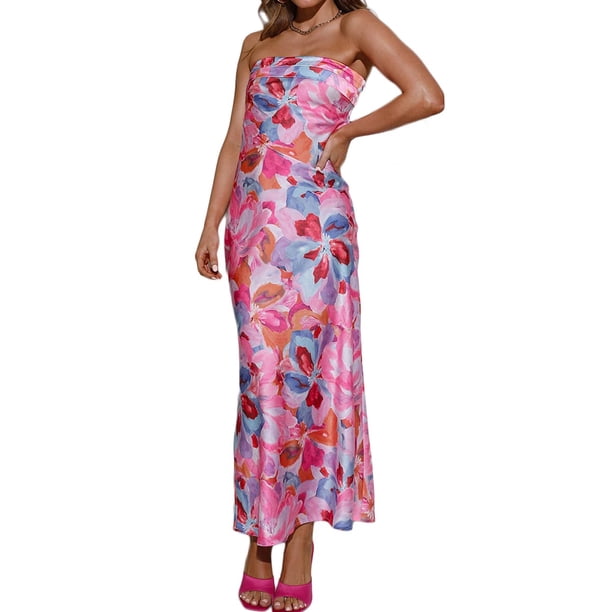 Vestido largo Realtix con estampado de satén de verano sin espalda para mujer