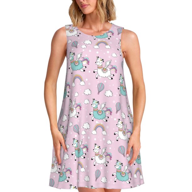 Disketp Llama Unicorn and Rainbow para Vestido sin Mangas para Mujeres, Vestidos de Verano para Mujeres, Casual y Holgado para la Playa