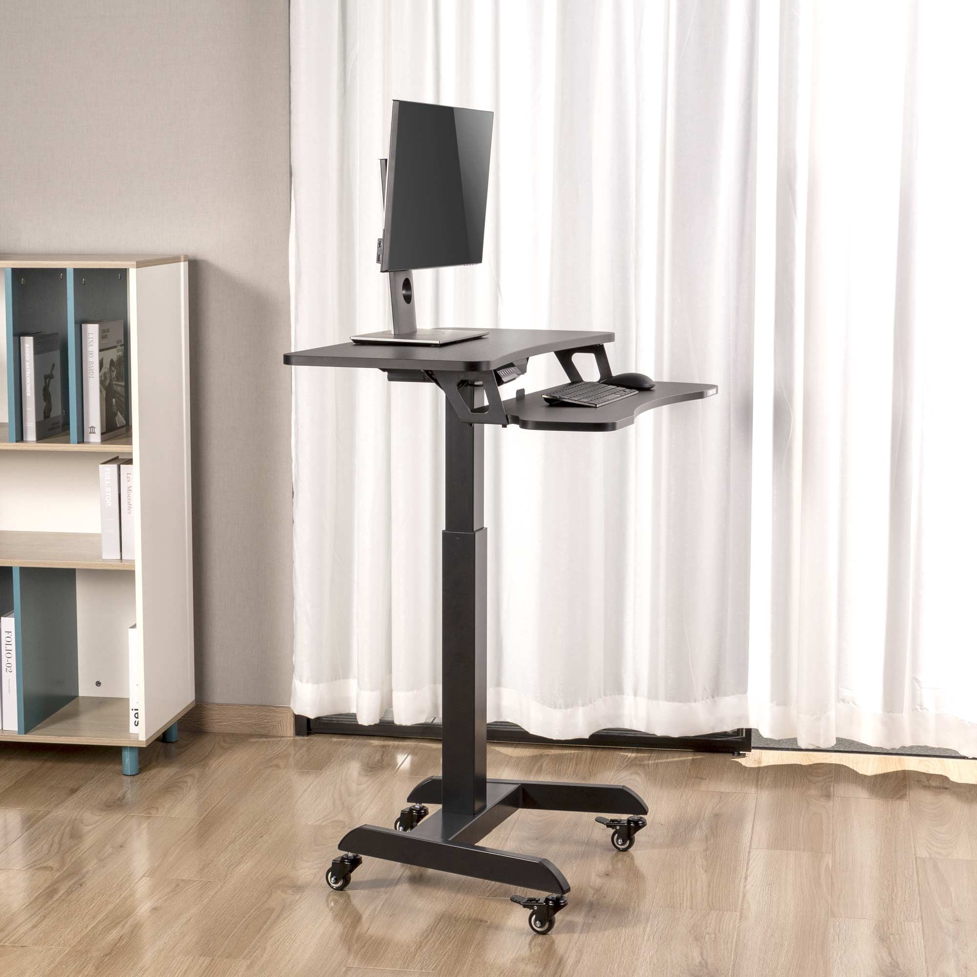 Stand Steady Electric Mobile Podium with Keyboard Tray | Height Adjustable Stand Up Workstation with Locking Wheels | Go from Sitting to Standing with Programmable Control Pad (Black)