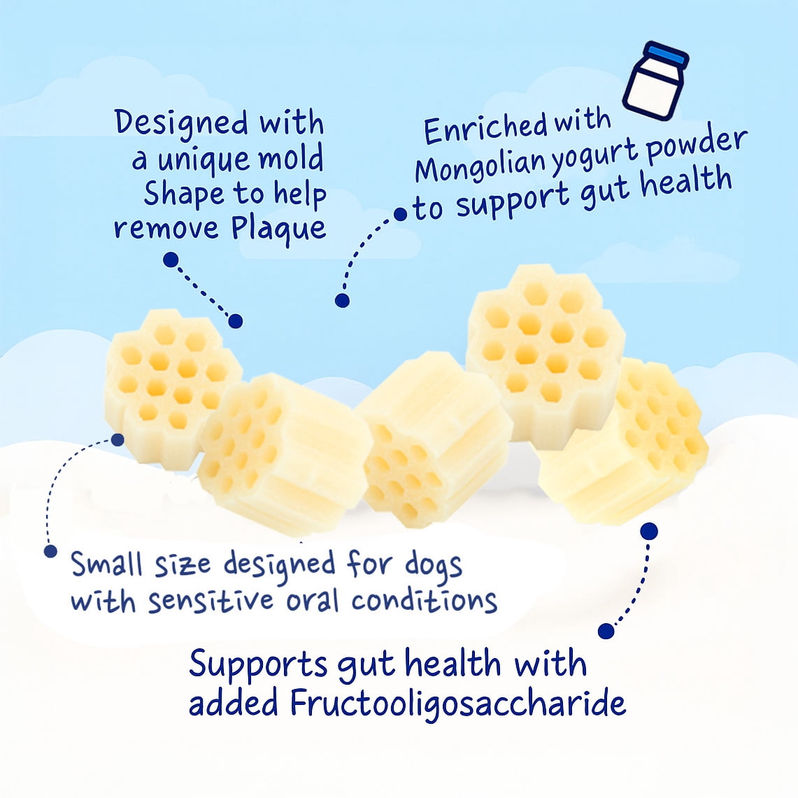 Fabrechew KI-You Mongolian Yogurt Dog TREATS with Probiotics & Prebiotics, Soft Honeycomb Dental Care