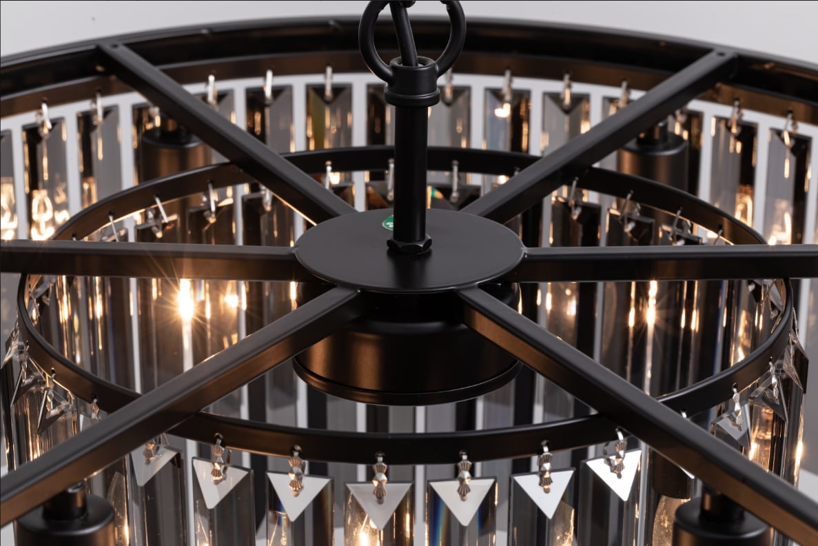 HOOMEDELIER 22" Modern Black Crystal Chandelier, Round 6-Light Pendant for Dining Room & Kitchen