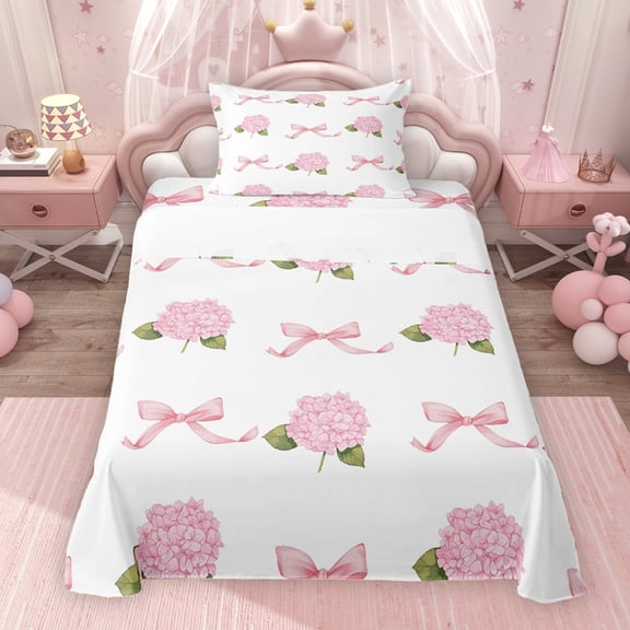 Erosebridal Garden Hydrandrea Flower Twin Sheet Sets for Girls, Kawaii Pink Bow-Tie Bedding, 1 Flat Sheet 1 Fitted Sheet and 1 Pillowcase, 3 Piece
