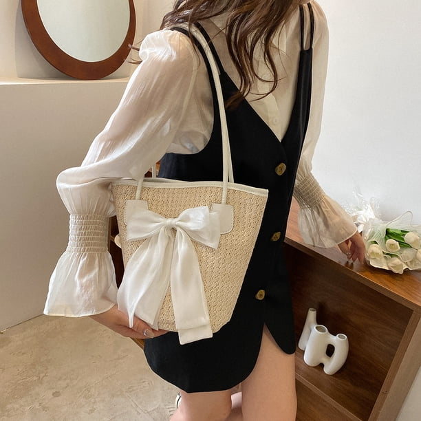 Bolso de mano tejido de paja elegante para mujer bolsos de Likrtyny hombro Retro con asa superior lazo informal para vacaciones en la playa tendencia de moda