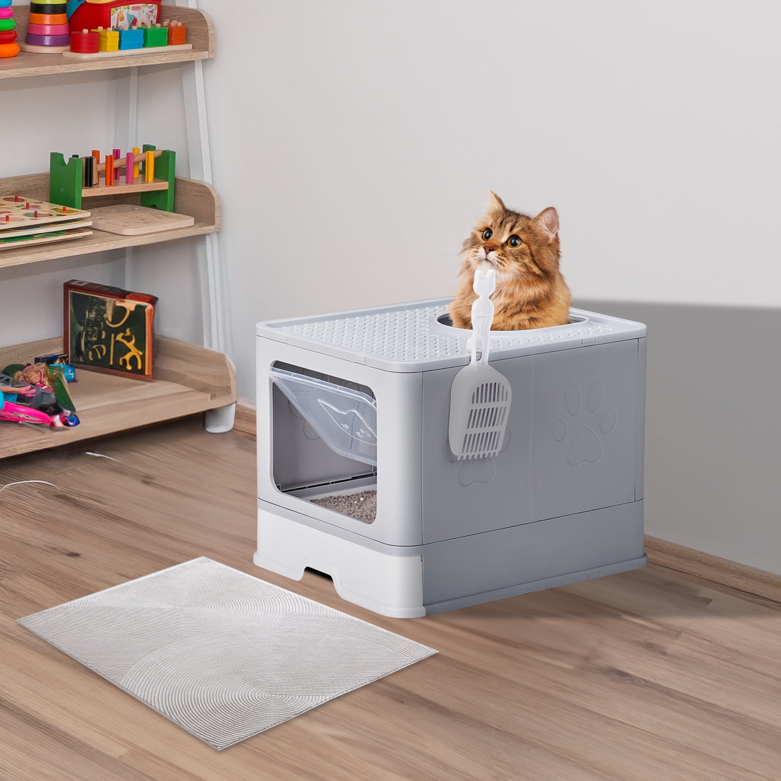 Large Enclosed Cat Litter Box with Lid Cover, Detachable Cat Toilet with Litter Scoop & Slide Out Tray, Front Entry Top Exit Door, Easy to Clean, Gray