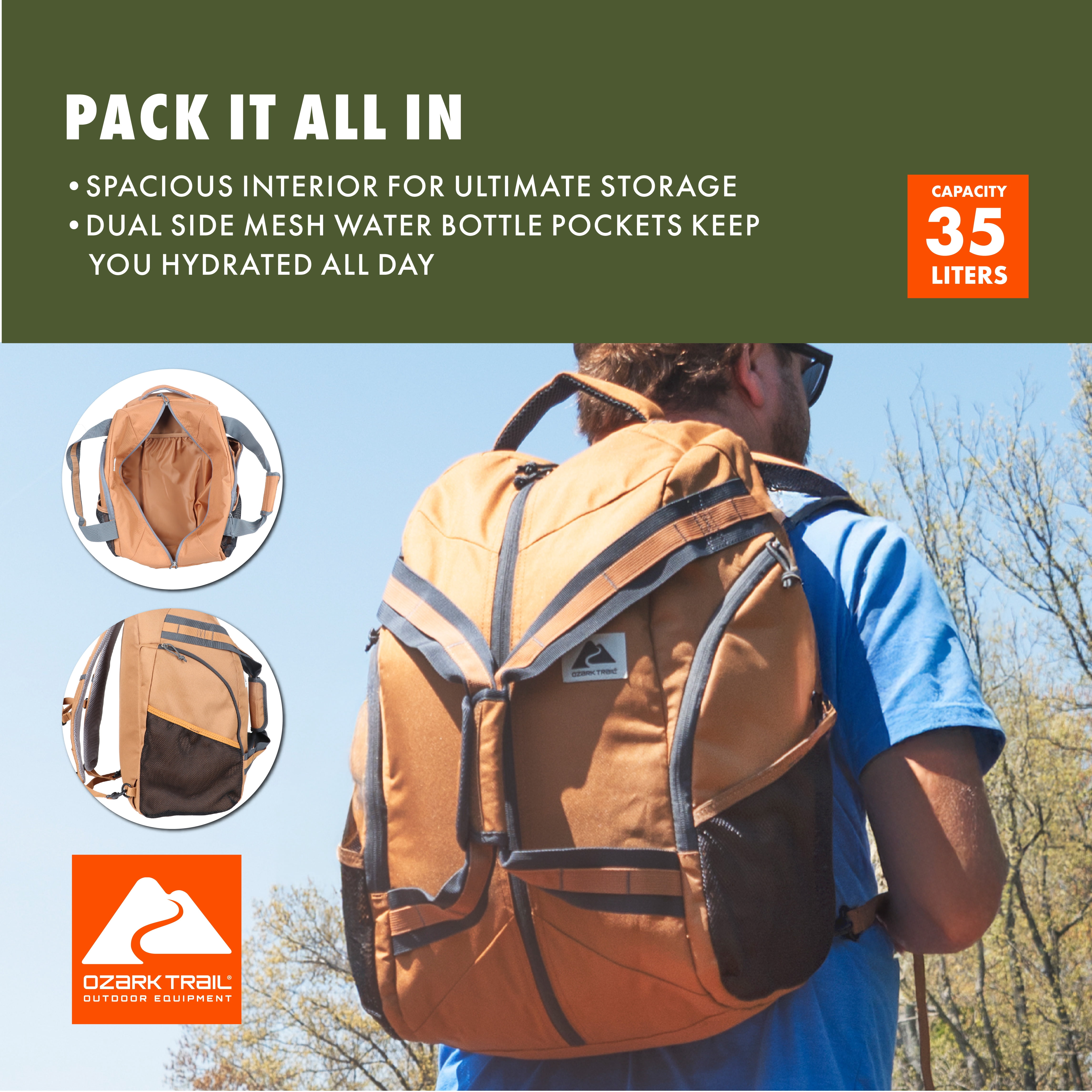 Ozark Trail 35L Adult/Teen Polyester Convertible Backpack Duffel, Brown