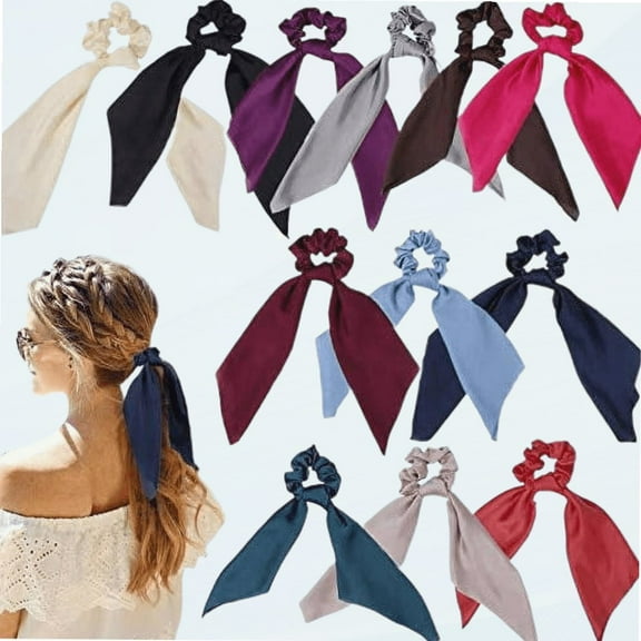 Satin Hair Scrunchie with Tail - Hair Scarf with Bow, Hair Scarf Scrunchies Elastic Ties Bands Hair Bobbles Ponytail Holder for Women or Girls Hair Accessories -12 Pcs Solid Colors