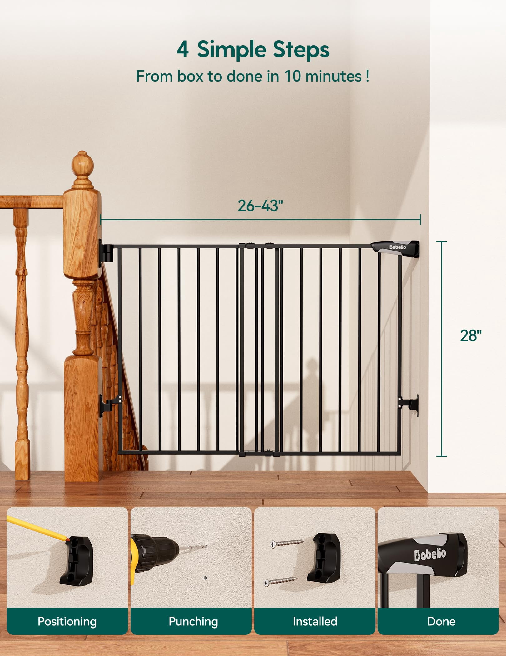Gate for Stairs & Doorways, 26-43" W 34" H Extra Tall| No Bottom Bar| Easy Installation| One-handed Operation| Auto-close| Hardware Mount (Drill Needed) Safety Dog/Pet Gate Indoor (White)