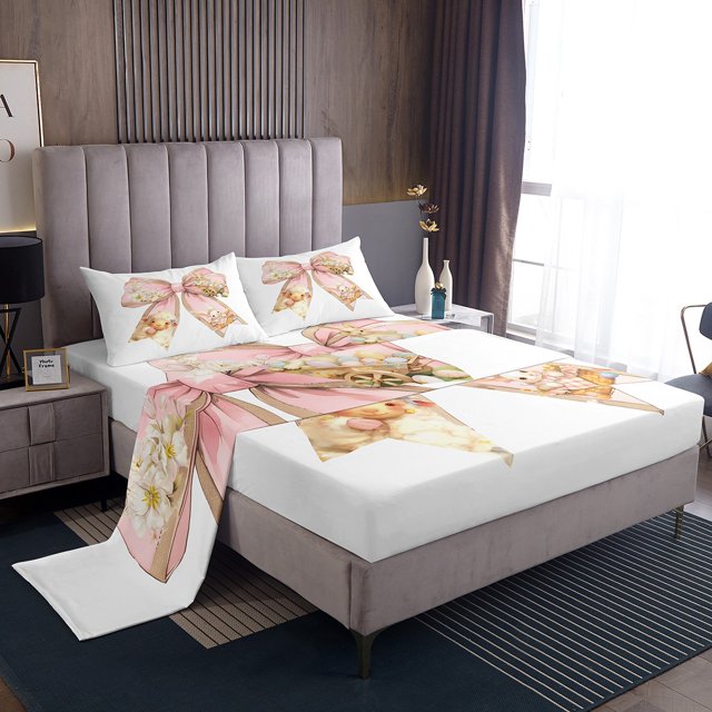 Erosebridal Kawaii Bowknot Sheet Set Twin,Cartoon Sheep Rabbit Bedding Sets Twin Size,Floral Decor,Breathable,3 Pieces