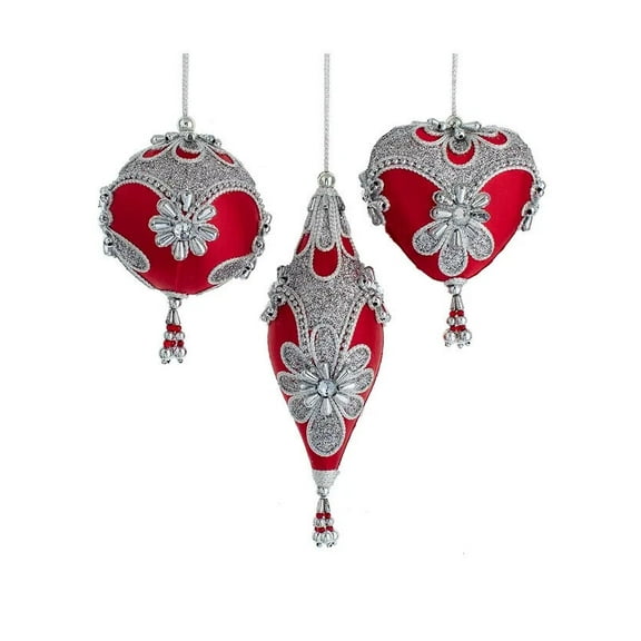 Set of 3 RED & SILVER Christmas Ornaments, Heart, Drop, Ball, by Kurt Adler