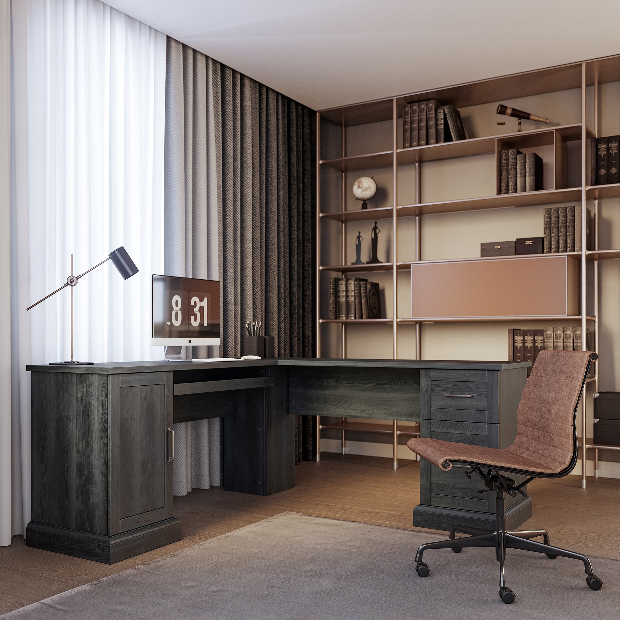 BELLEZE Modern Corner L-Shaped Home Office Computer Laptop Desk or Writing Study Workstation with Keyboard Tray, Two Drawers and Cabinet - Barlow (Rustic Gray)