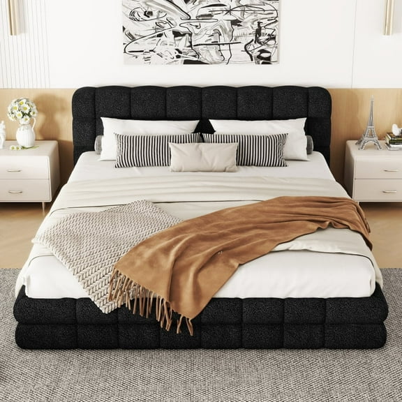 [Luckynote]Queen Size Upholstered Platform Bed, Black