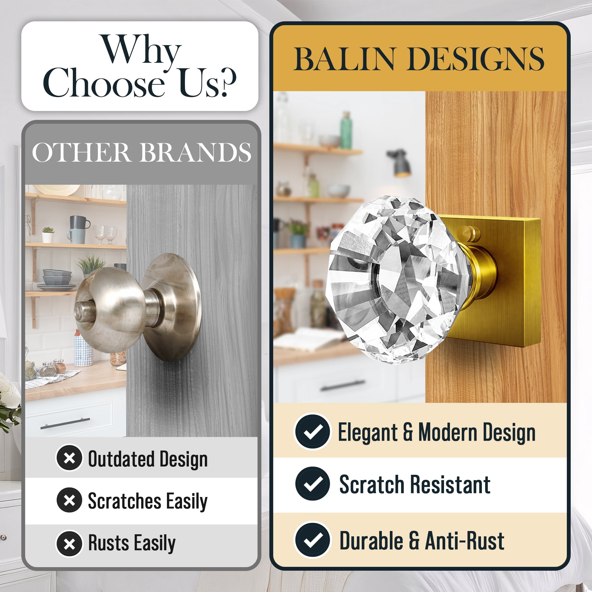 Balin Designs Gold Crystal Door Knobs with Lock, Glass Door Knobs Interior Privacy Set, Square Brass Vintage Decorative Antique Style Handle for Bedroom, Bathroom, Closet, 1 Pack