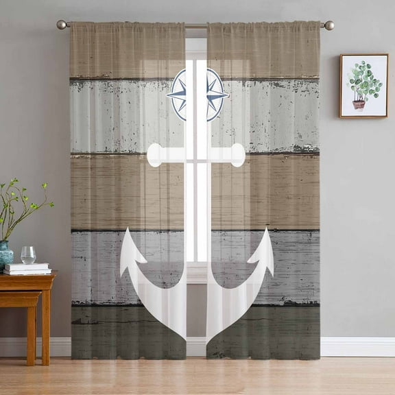 Nautical Anchor Sheer Curtains 72 Inches Long 2 Panels Set, Window Sheer Curtains for Living Room/Bedroom, Vintage Abstract Brown Gray Wooden Grain Light Filtering Rod Pocket Curtain 52'' x 72'' x 2