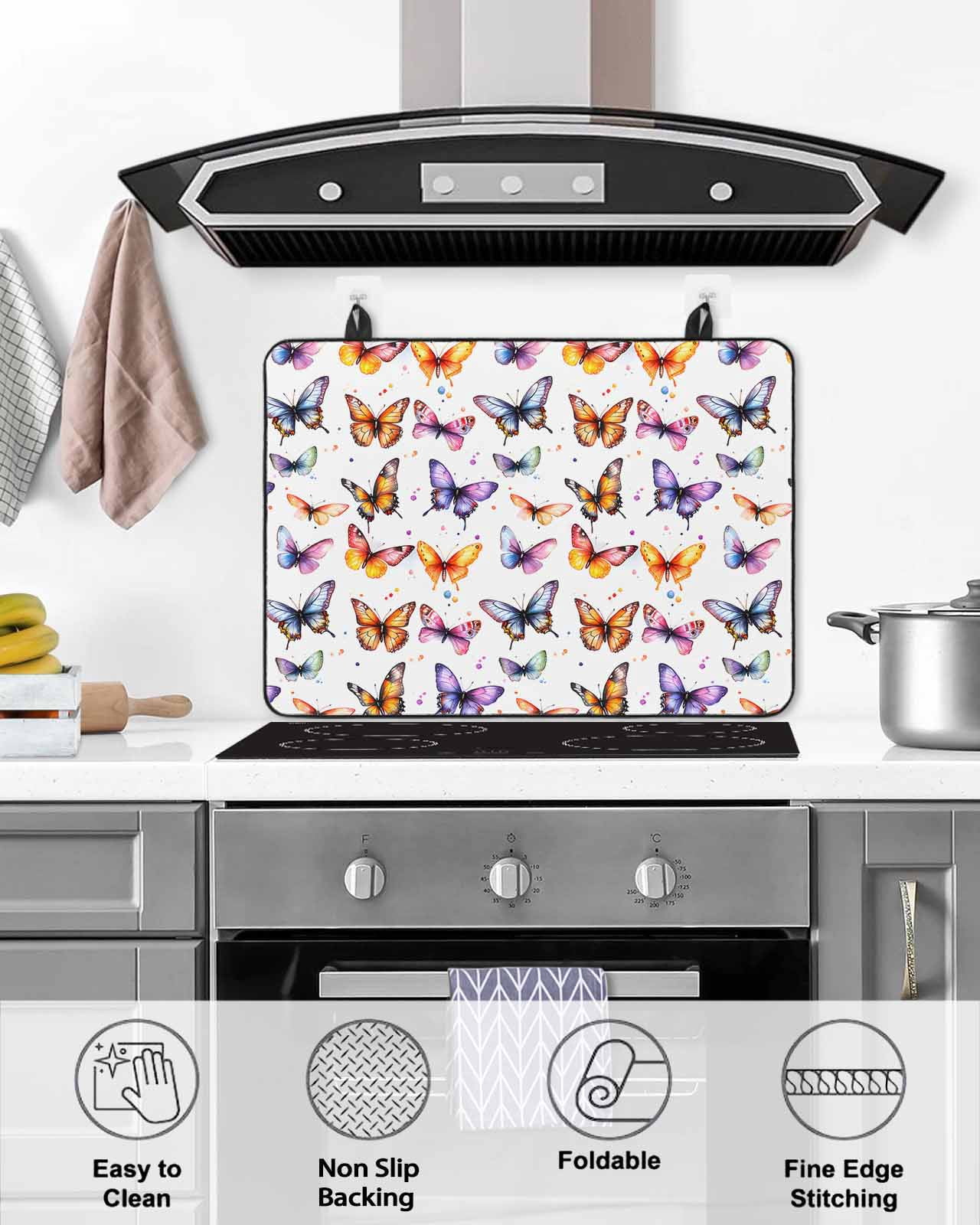 nqOlkjepod Large Induction Cooktop Protector Mat 24"x21", Spring Butterfly Stove Top Covers for Electric Stove, Summer Watercolor Farmhouse Decorative Stove Burner Cover Mats, Glass Top Stove Cover