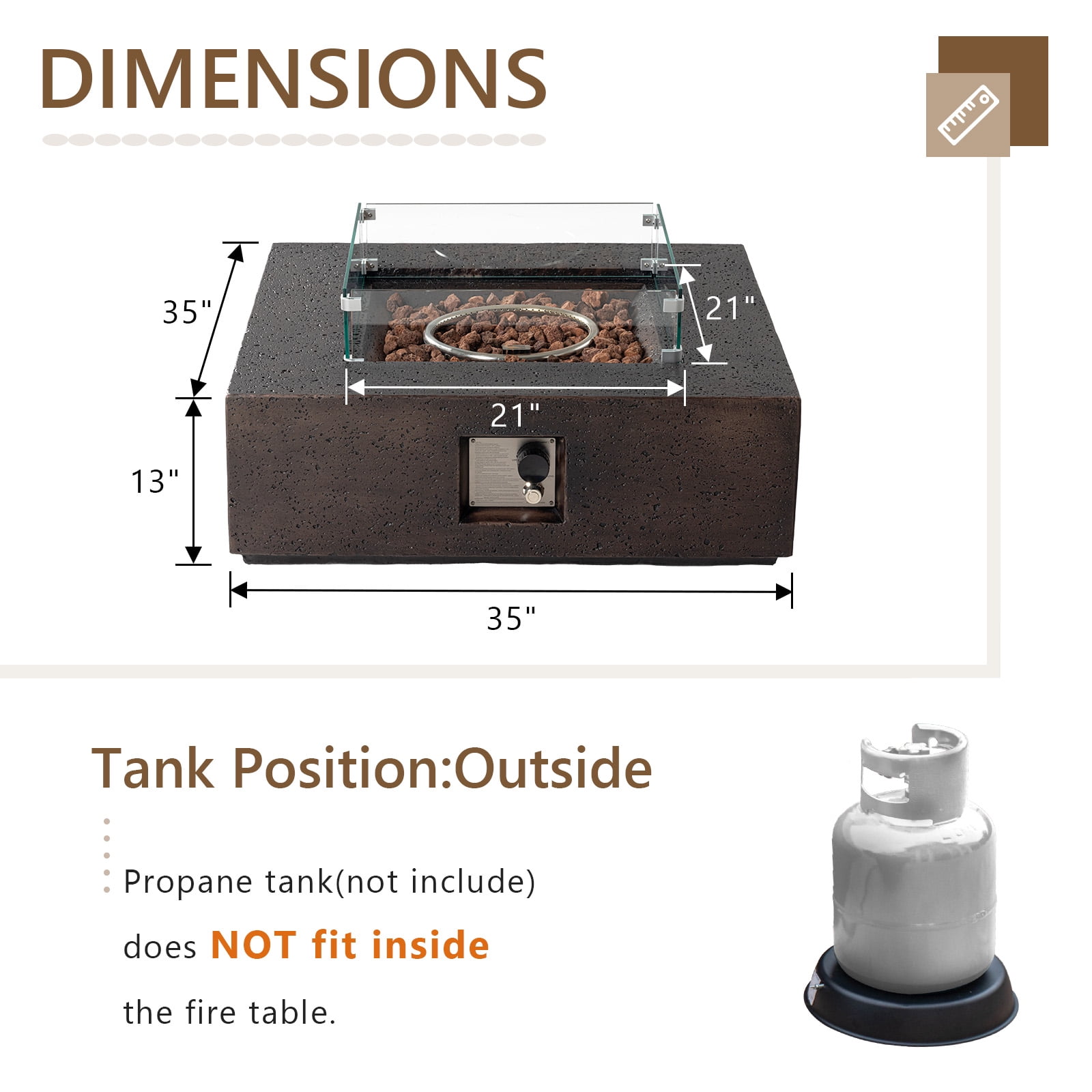 VENTOPYR 35''Outdoor Square Propane Fire Pit Table with Wind Guard