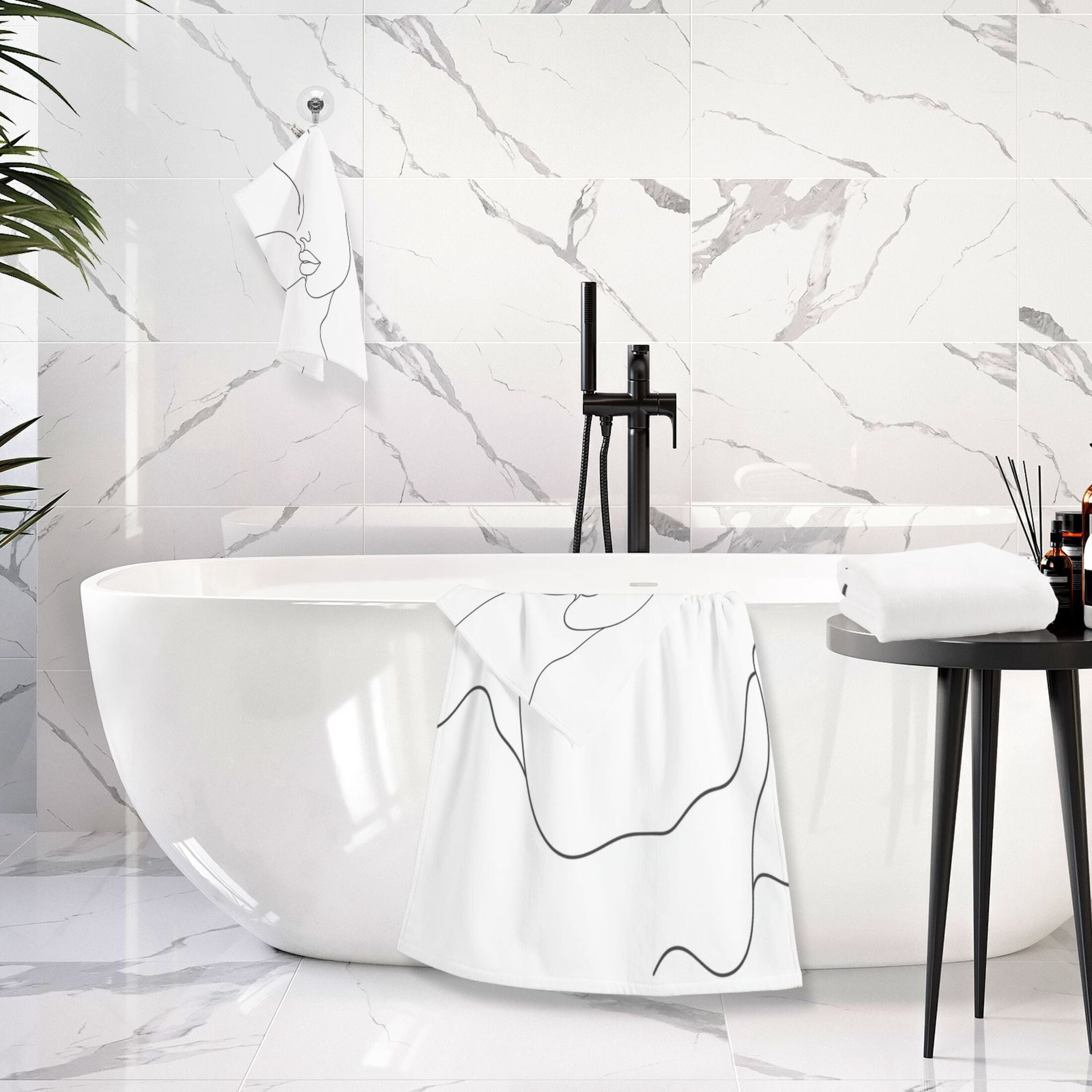Simple Line Drawing Face 2 Piece Cotton Bath and Face Towel Set Soft and Absorbent, for Beach Pool Bathroom
