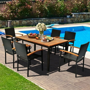 Gymax 7PCS Rattan Dining Set Stack Chair Acacia Wood Table Top Umbrella Hole