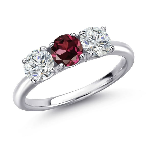Gem Stone King 925 Sterling Silver Red Rhodolite Garnet and Lab Grown Diamond Engagement Ring for Women | 1.60 Cttw | Round 5MM | Gemstone January Birthstone | Size 7