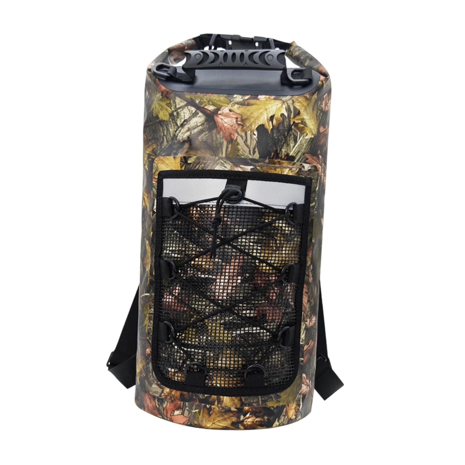 Dualoai Waterproof Dry Bag Multifunctional with Mesh Pocket Men Women Comfortable Floating Backpack Storage Bag for Swimming Kayaking Leaves Pattern