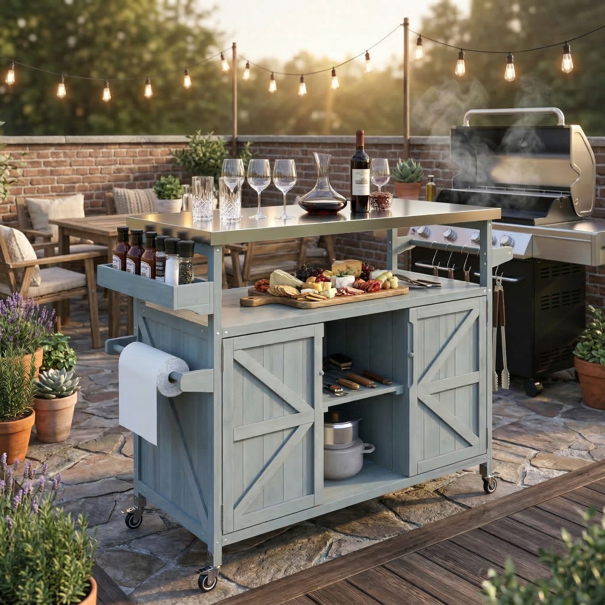 Homy Casa Outdoor Grill Cart with Storage Cabinet, Rolling BBQ Prep Table, Patio Storage Cabinet