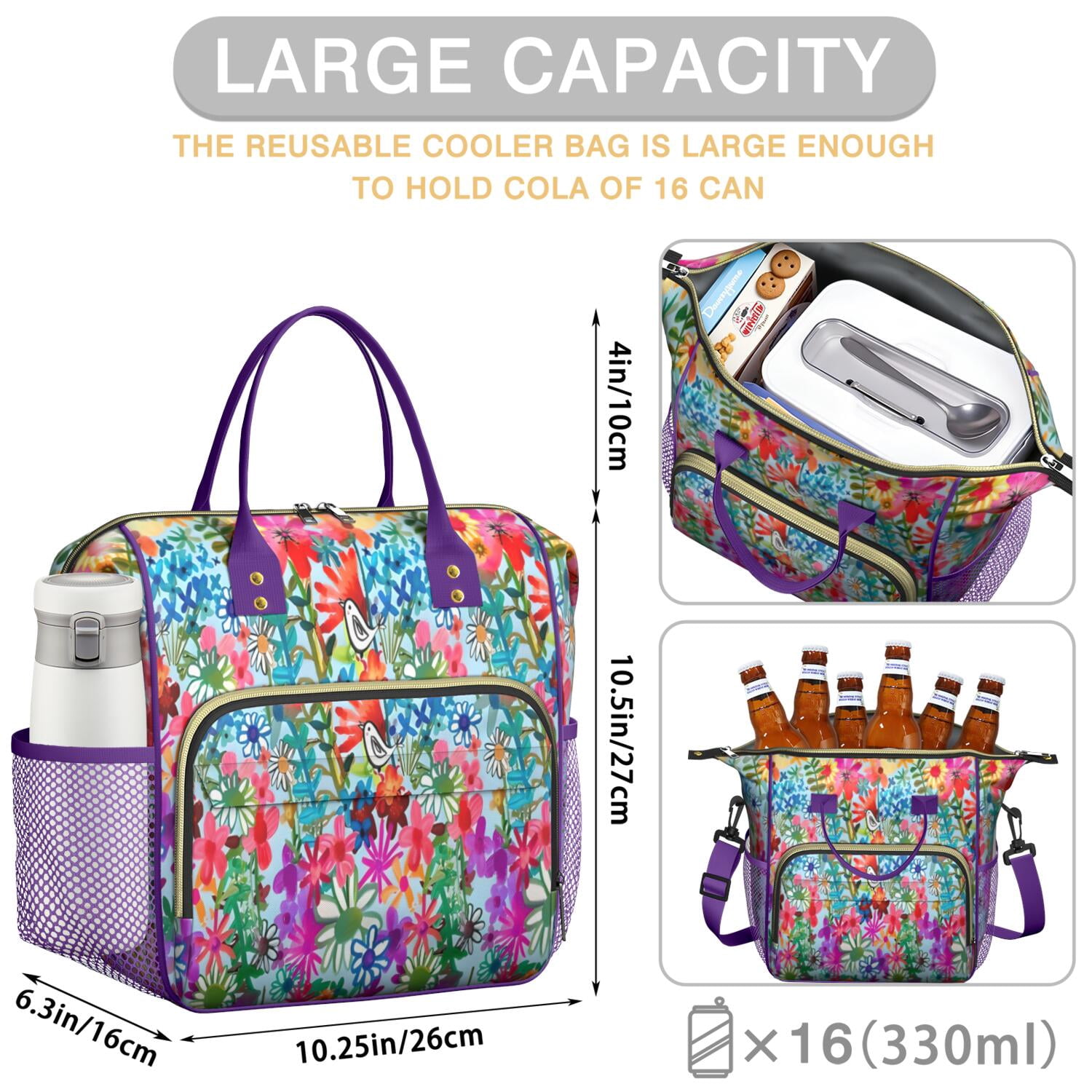Pioneer Flower Floral Print Pattern Womens Lunch Box for Work,Insulated Large Lunch Bag for Tween and Teen,Loncheras Para Mujer,Leakproof Adult Lunch Bag for Work,Beach,Travel,Picnic,Camping